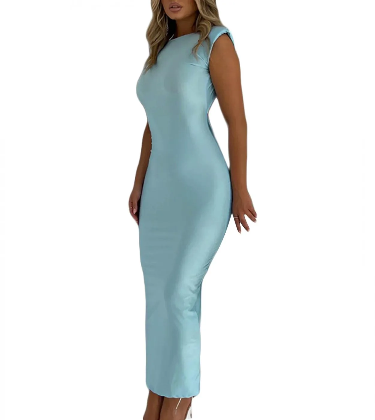 Abito lungo aderente da donna, abito da cocktail senza spalline imbottito senza maniche con scollo rotondo senza maniche