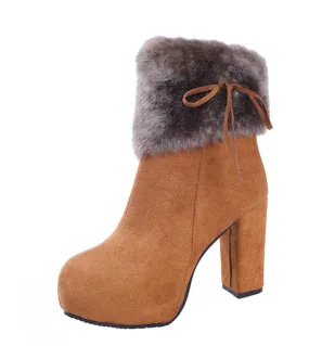 Comemore Womens Winter Shoes High Heels Boot Fur Warm Shoes Brown Fashion Chunky Boots For Women Winter Square High Hee
